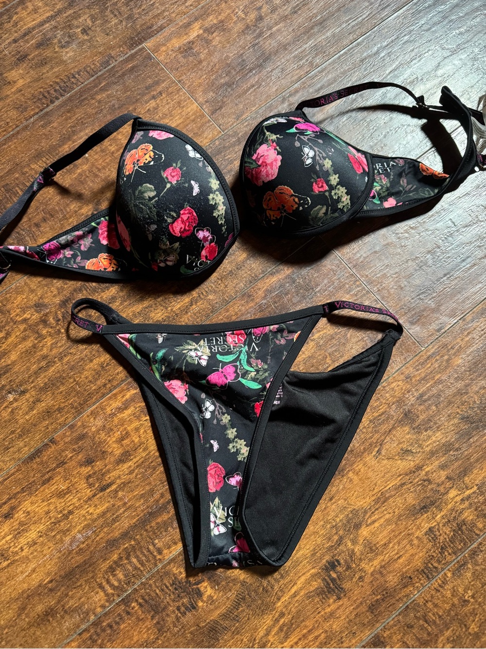 Victoria's Secret Black Floral Push-Up Bikini Set with Pink & Orange Blooms